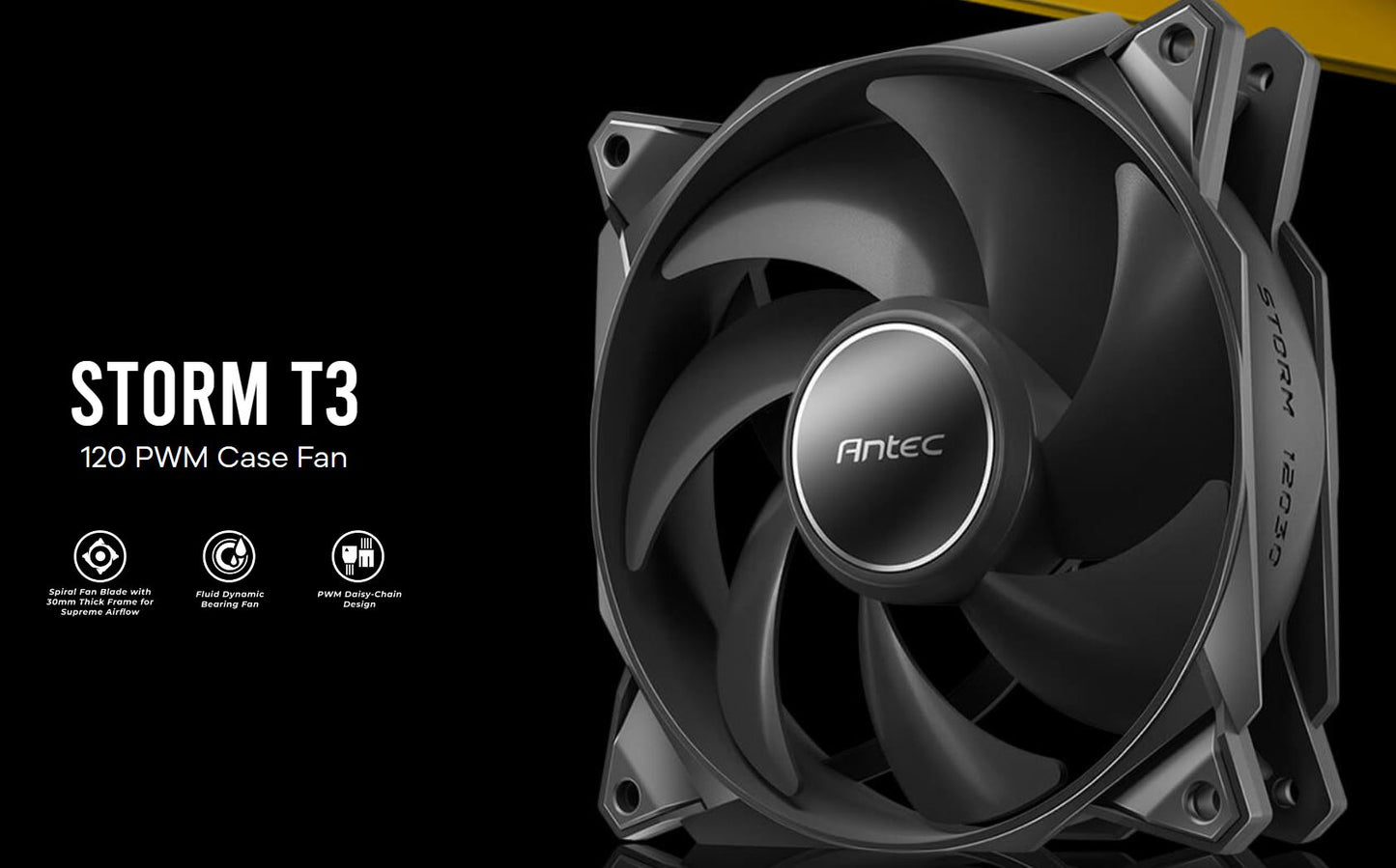 Antec Storm 120mm T3 PWM FDB 3 Pack. High Airflow 80.47 CFM, Air Pressure 2.7, Noise Level 36.99. Woven Cable, PMW Daisy Chain case fan 3 Yrs Warranty Storm T3 120_3pks