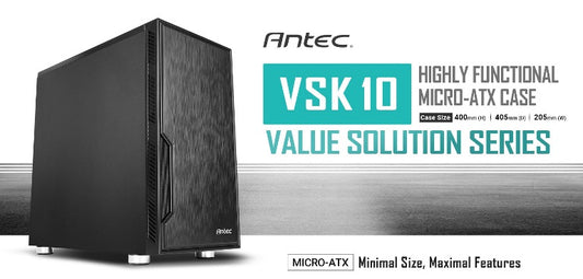 Antec VSK10 mATX Case. 2x USB 3.0 Thermally Advanced Builder's Case. 1x 120mm Fan preinstalled. GPU 350mm, PSU & CPU 160mm, Two Years Wty VSK10 Solid