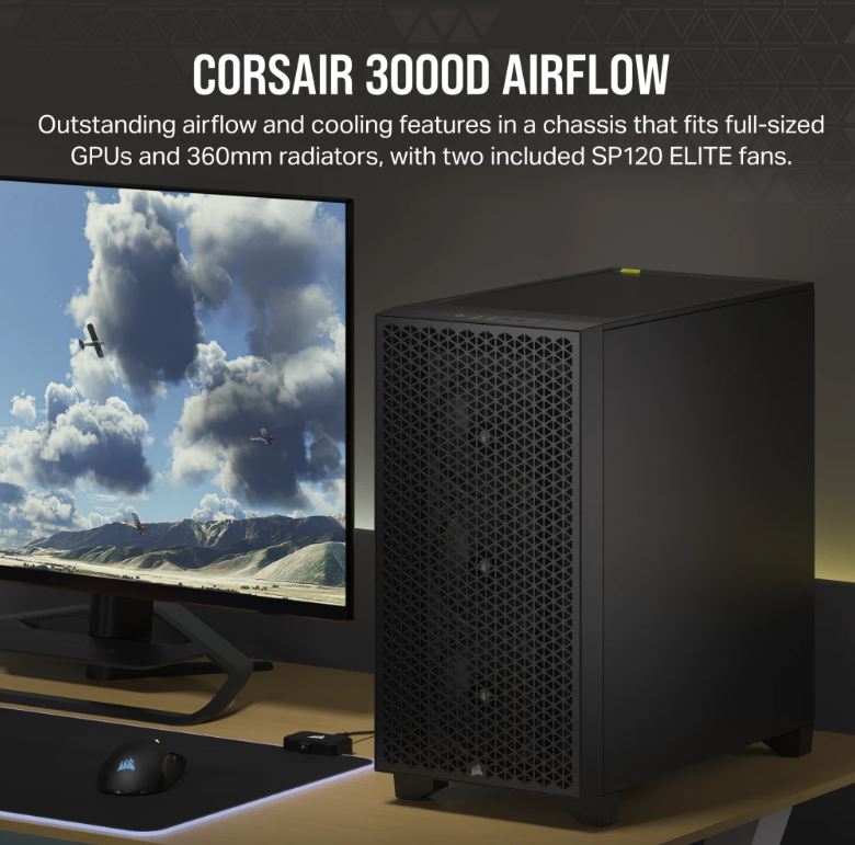 Corsair 3000D AIRFLOW Mid-Tower PC Case - Black, Steel, Tempered Glass, ATX, 7 Slots, 360mm GPU, 170mm CPU, 2yr wty CC-9011251-WW