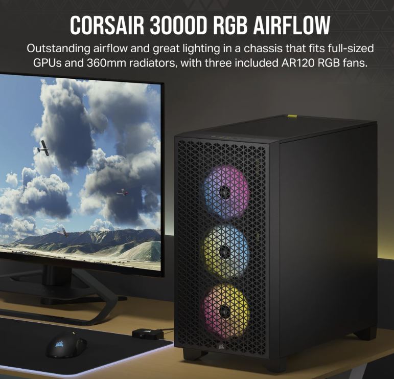Corsair 3000D RGB AIRFLOW Mid-Tower PC Case - Black, ATX, 360 GPU, 170 CPU cooler, 220 PSU, 3x AR120 RGB, 2x USB-A 3.2 Gen 1 CC-9011255-WW