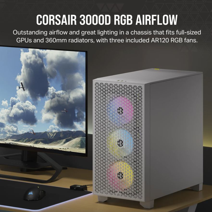 Corsair 3000D RGB AIRFLOW Mid-Tower PC Case - White, ATX, 360 GPU, 170 CPU cooler, 220 PSU, 3x AR120 RGB, 2x USB-A Gen 1 CC-9011256-WW