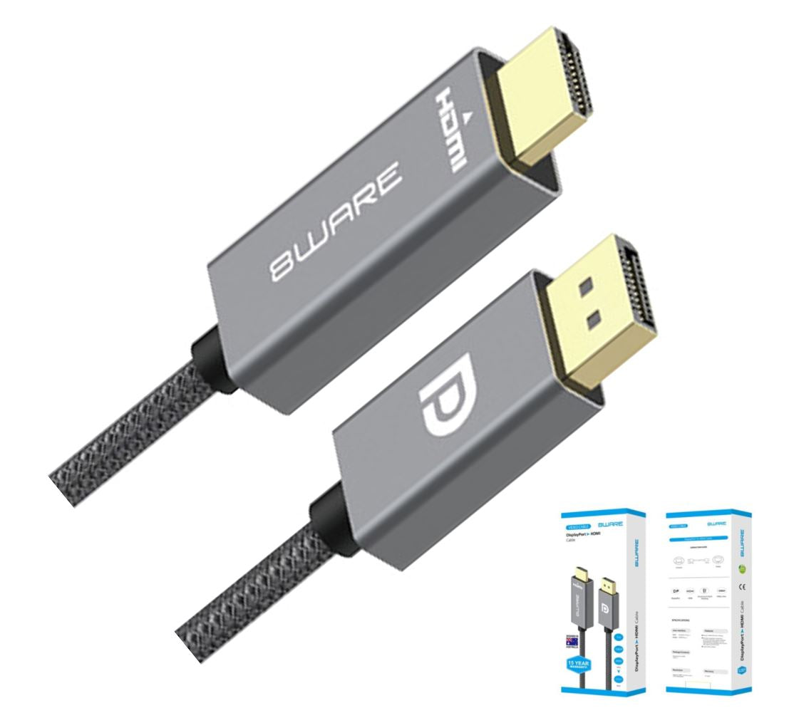 8ware 2m DisplayPort DP to HDMI 1.4v Male to Male Adapter Converter Cable Retail Pack 1080P Nylon Braide for Video Card PC Notebook to Monitor Project 8W-DPHDMI-2M