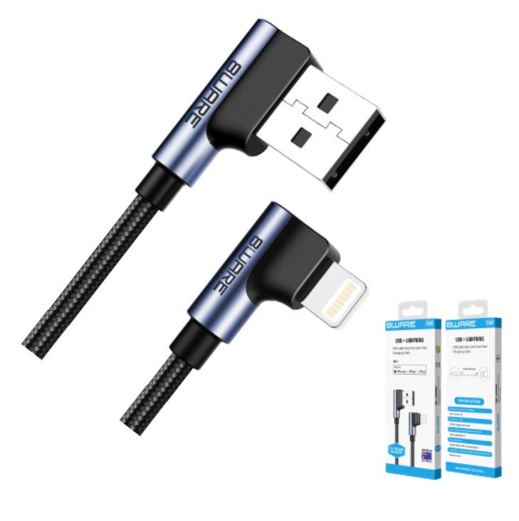 8Ware Premium 1m Apple Certified 90 Degree Angle USB A to Lightning Data Sync Fast Charging Cable for iPhone 12 X XS XR Max 8 iPad Air Retail ~CB8W-I 8W-IPHR1-90D