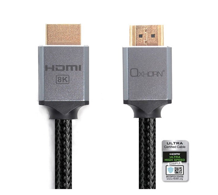 Oxhorn HDMI2.1 8K@60Hz 3D Ultra Certified Ethernet Aluminum Header Cable 1m Male to Male Retail Pack CB-H8K-01