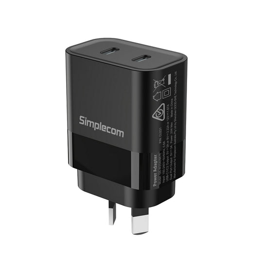 Simplecom CU221 Dual USB-C Fast Wall Charger PD 20W for Phone Tablet CU221
