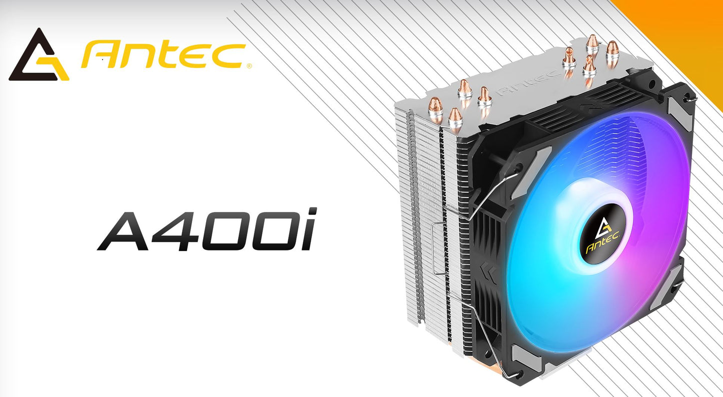 Antec A400i RGB, 72 CFM, 4 Direct Heat-Pipes, 120mm PWM RGB Fan, 1700, 115X, 1200, 2011, AM3, AM3+, AM4+,, FM1, FM2, FM2+ CPU Air Cooler 1yr wty A400i