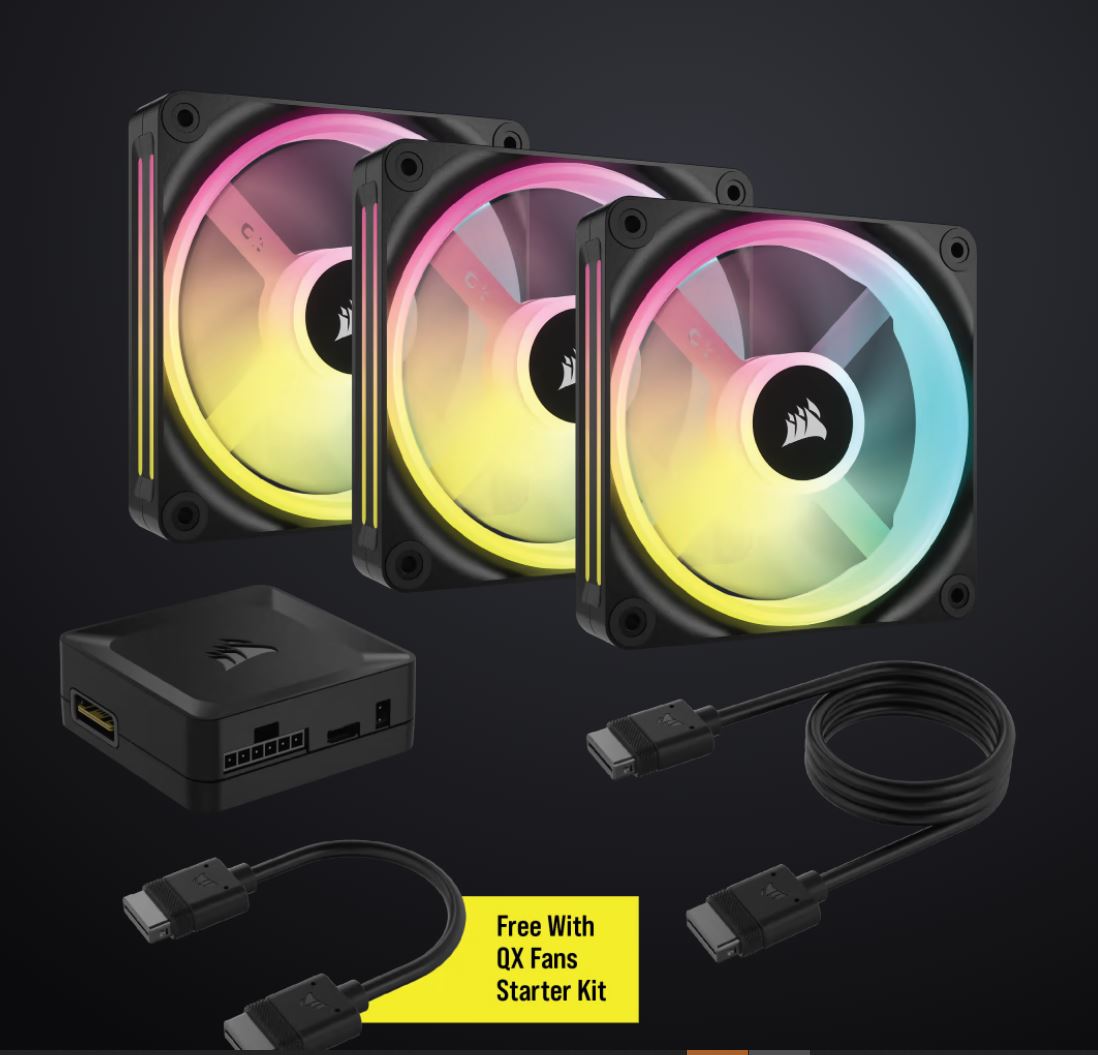 CORSAIR iCUE LINK QX120 RGB 120mm PWM PC Fans Starter Kit with iCUE LINK System Hub, Static Pressure Flow Type, 400 RPM CO-9051002-WW