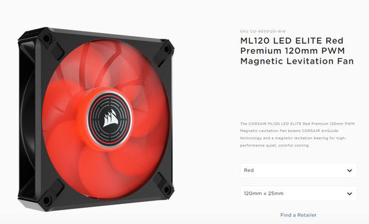 Corsair ML ELITE Series, ML120 LED ELITE, 120mm Magnetic Levitation Red LED Fan with AirGuide, Single Pack CO-9050120-WW