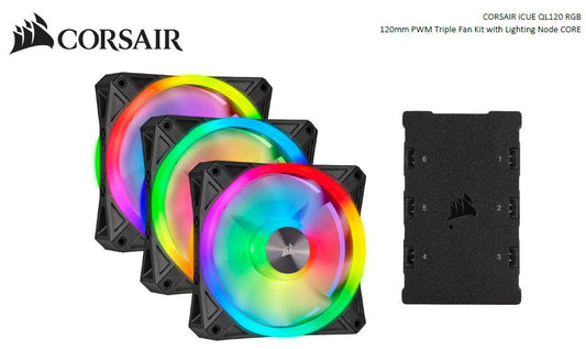 Corsair QL120 RGB Triple Fan Kit with Lighting Node Core, ICUE, 120mm RGB LED PWM Fan 26dBA, 41.8 CFM, 3 Fan Pack CO-9050098-WW
