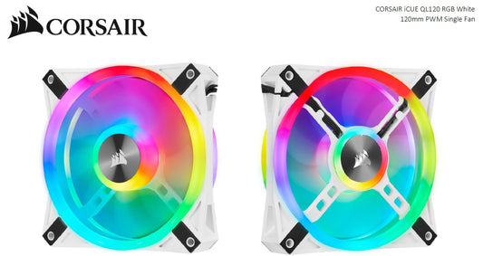 Corsair QL120 RGB White, ICUE, 120mm RGB LED PWM Fan 26dBA, 41.8 CFM, Single Pack CO-9050103-WW