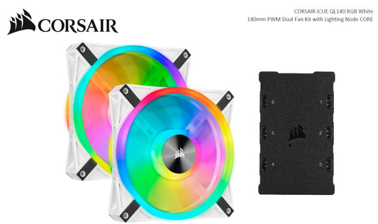 Corsair QL140 RGB White Dual Fan Kit with Lighting Node Core, ICUE, 140mm RGB LED PWM Fan 26dBA, 50.2 CFM, 2 Fan Pack CO-9050106-WW