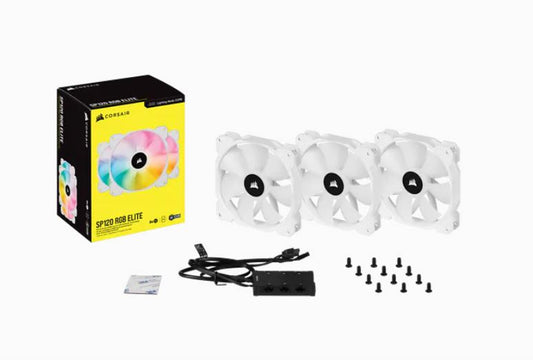 Corsair White SP120 RGB ELITE, 120mm RGB LED PWM Fan with AirGuide, Triple Pack with Lighting Node CORE CO-9050137-WW