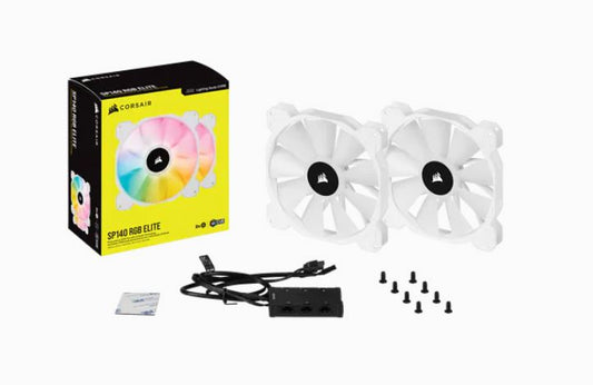Corsair White SP140 RGB ELITE, 140mm RGB LED Fan with AirGuide, 68 CFM, Dual Pack with Lighting Node CORE CO-9050139-WW