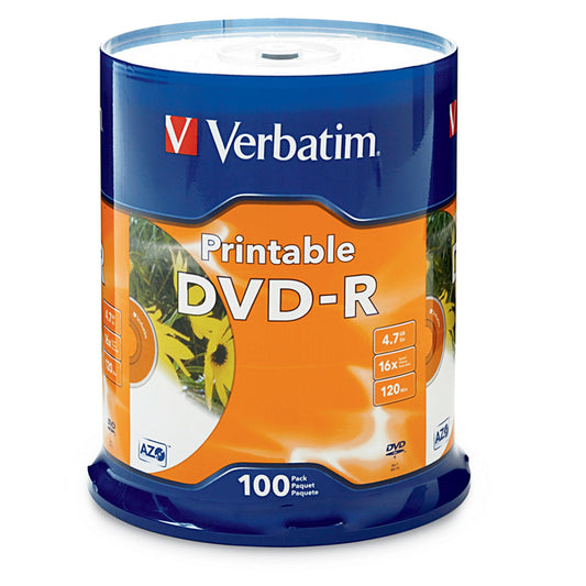 Verbatim DVD-R 4.7GB 100Pk White InkJet 16x, Compatible for Full-Surface, Edge-to-Edge Printing, Superior ink absorption on high-resolution 5, 760 DPI 95153
