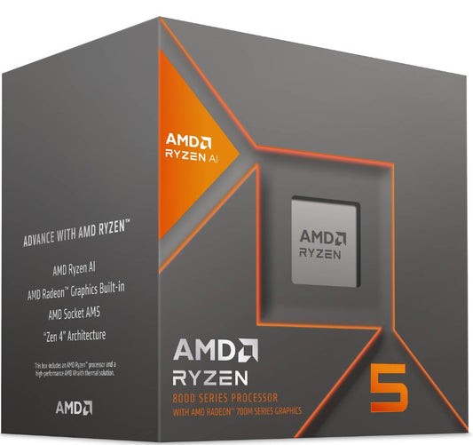 AMD Ryzen 5 8600G 6Cores/12Threads, 65 watts, Max Freq 5.050Ghz, 24MB Cache, Wraith Stealth Cooler, Radeon Graphics 100-100001237BOX