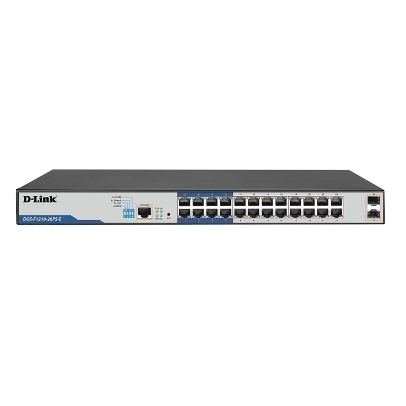 D-Link 26-Port Gigabit Smart Managed PoE+ Switch with 24 PoE+ Ports (8 Long Reach) + 2 SFP Ports - DGS-F1210-26PS-E