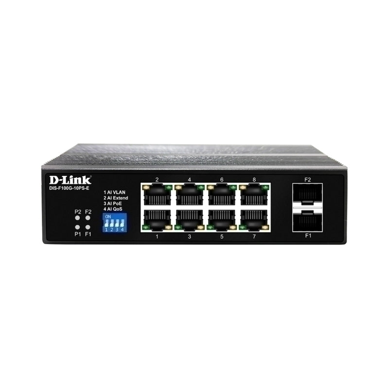 D-Link 10-Port Gigabit Industrial PoE+ Switch with 8 PoE ports & 2 SFP ports - DIS-F100G-10PS-E