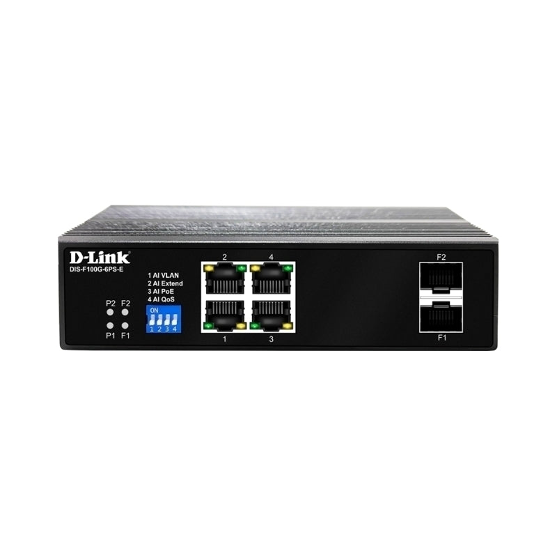 D-Link 6-Port Gigabit Industrial PoE+ Switch with 4 PoE ports & 2 SFP ports - DIS-F100G-6PS-E