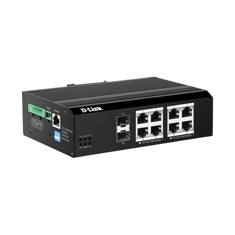 D-Link 10-Port Gigabit Industrial Smart Managed PoE+ Switch with 8 PoE ports & 2 SFP ports - DIS-F200G-10PS-E