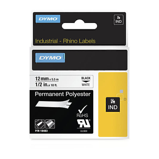 DymoRhino Black on White 12mm Tape 12mm x 5.5m - 18483