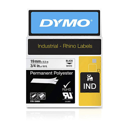 DymoRhino Black on White 19mm Tape 19mm x 5.5m - 18484
