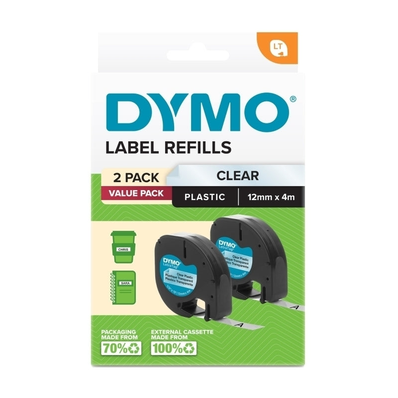 Dymo LetraTag PlasTape Colour Pk2 12mm X 4M - 2191233