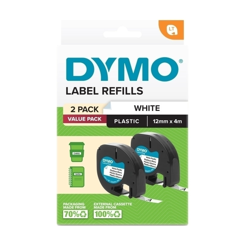 Dymo LetraTag PlasTape White Pk2 12mm X 4M - 2191235