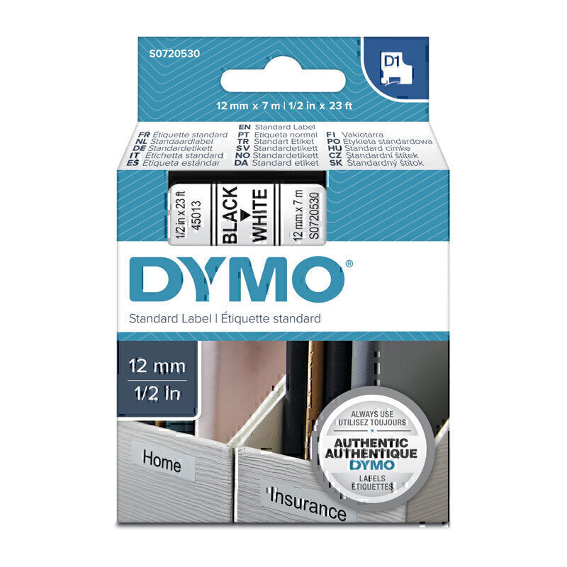 Dymo D1 Black on White 12mmx7m Tape 12mm x 7m - S0720530