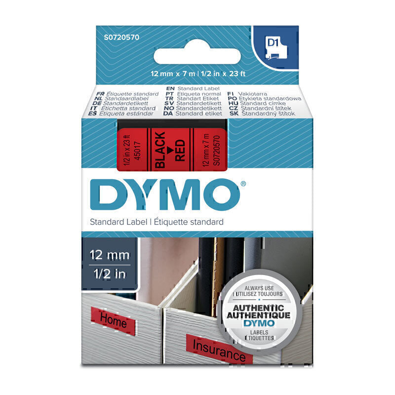 Dymo D1 Black on Red 12mmx7m Tape 12mm x 7m - S0720570