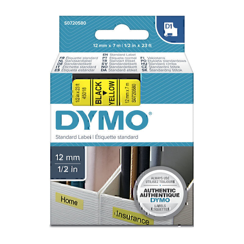 Dymo D1 Black on Yellow 12mmx7m Tape 12mm x 7m - S0720580