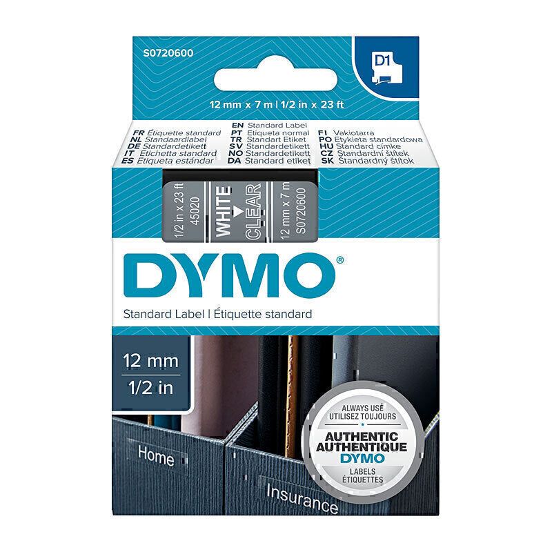 Dymo D1 White on Colour 12mmx7m Tape 12mm x 7m - S0720600