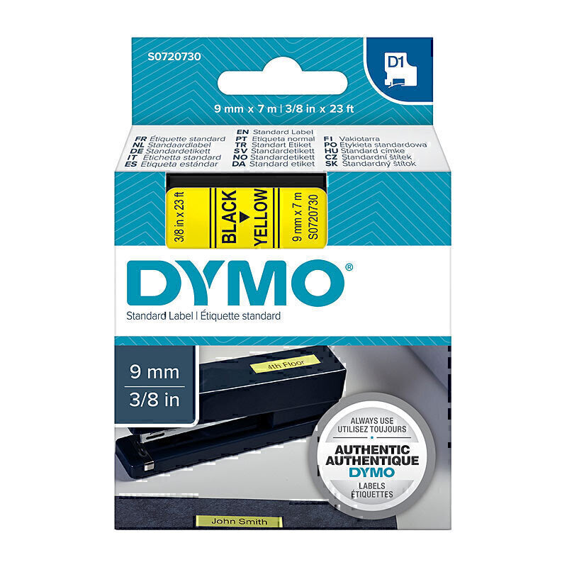 Dymo D1 Black on Yellow 9mm x7m Tape 9mm x 7m - S0720730