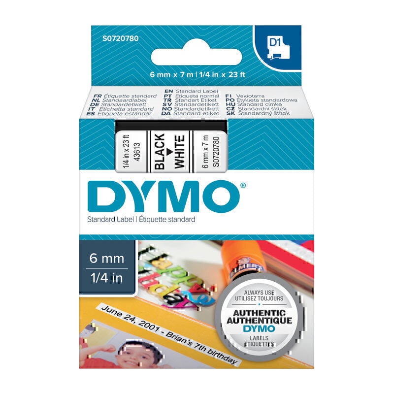 Dymo D1 Black on White 6mm x7m Tape 6mm x 7m - S0720780