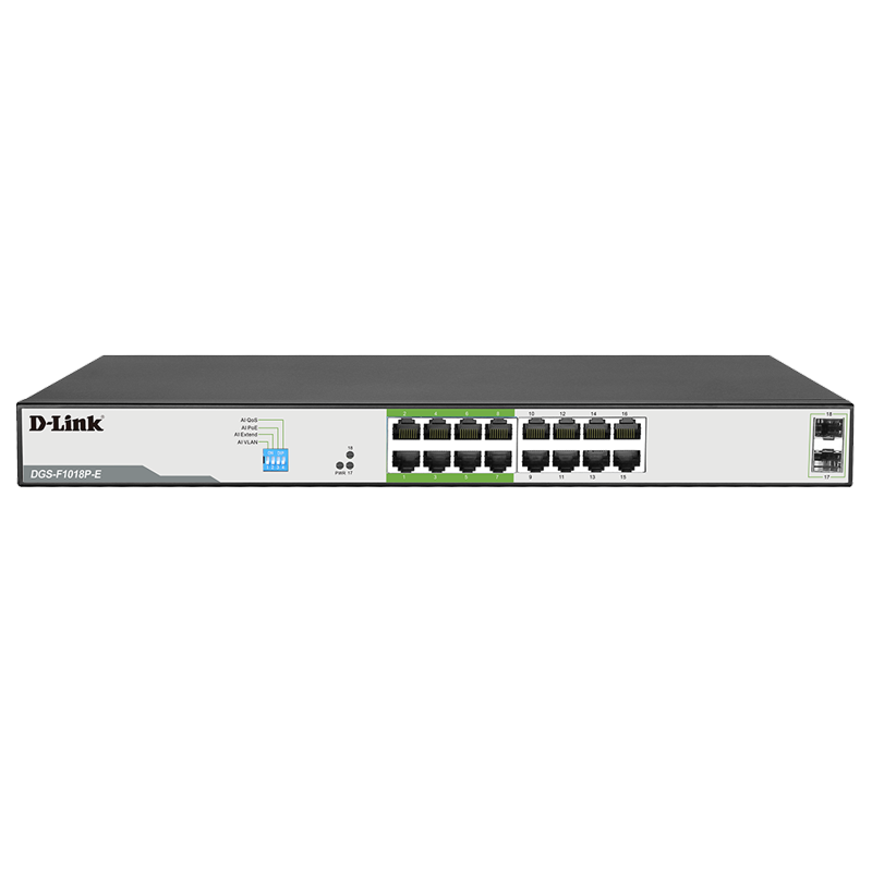 D-Link DGS-F1018P-E 18-Port Gigabit PoE Switch, 16 PoE+ Ports, 2 uplink DGS-F1018P-E