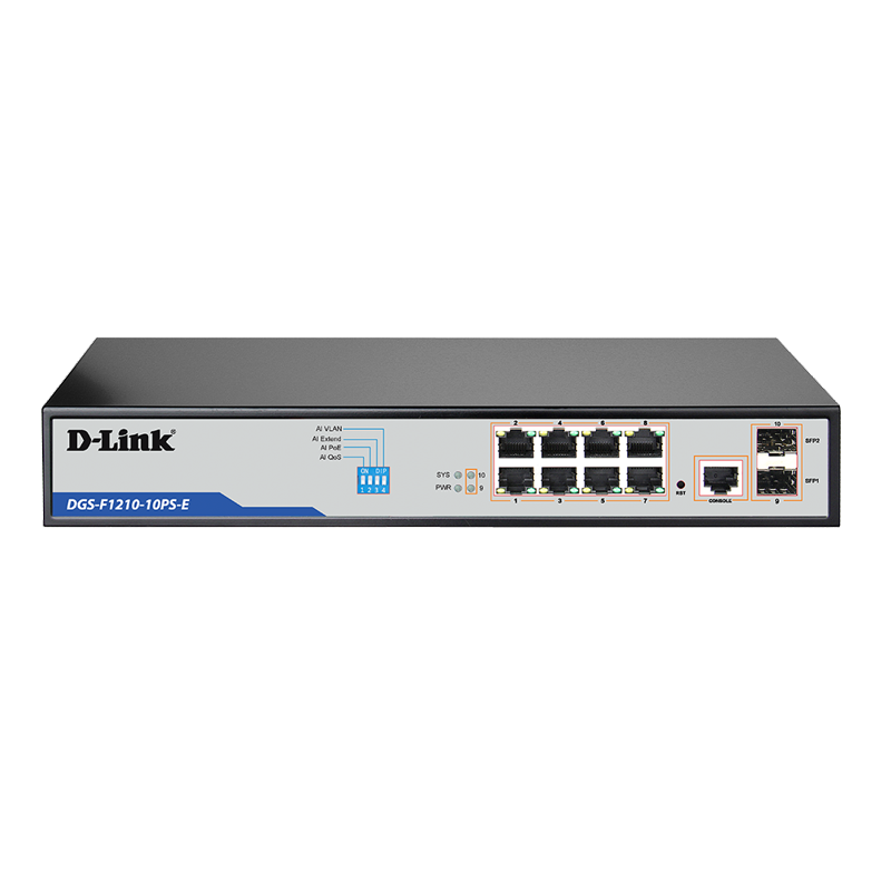 D-Link 10-Port Gigabit Websmart PoE+ Switch with 8 Long Reach, 2 SFP DGS-F1210-10PS-E