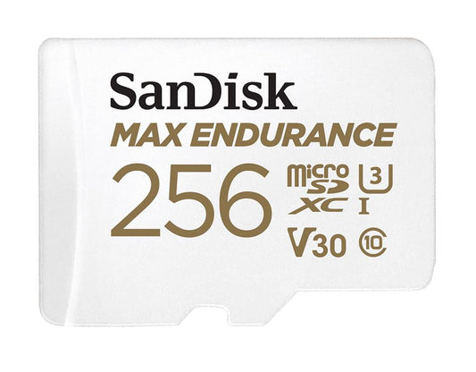 SanDisk Max Endurance 256GB microSD 100MB/s 40MB/s 20K hrs 4K UHD C10 U3 V30 -40C to 85C Heat Freeze Shock Temperature Water X-ray Proof SD Adapter SDSQQVR-256G-GN6IA