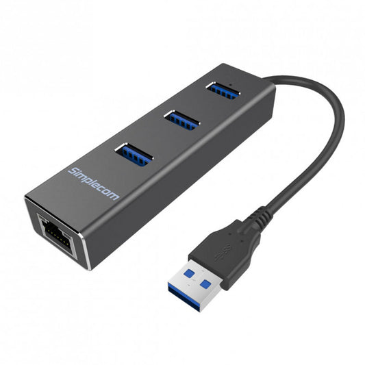 Simplecom CHN410 Black Aluminium 3 Port USB 3.0 HUB with Gigabit Ethernet Adapter 1000Mbps for PC MAC CHN410-BLACK