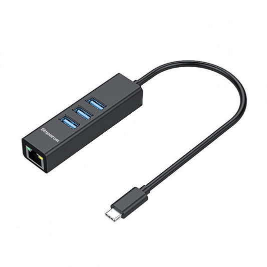 Simplecom CHN421 Black Aluminium USB-C to 3 Port USB HUB with Gigabit Ethernet Adapter CHN421-BLACK