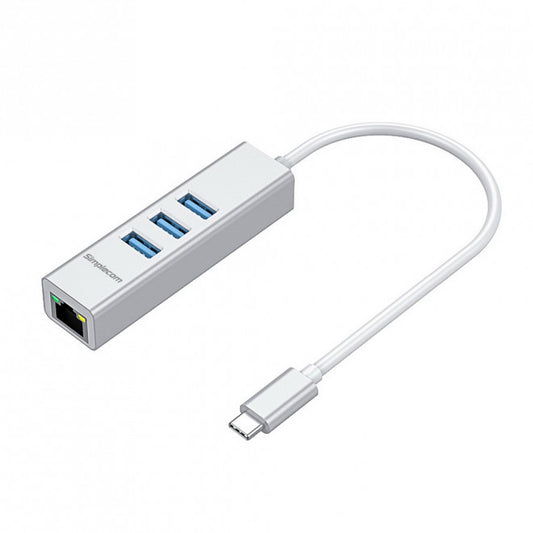 Simplecom CHN421 Silver Aluminium USB-C to 3 Port USB HUB with Gigabit Ethernet Adapter CHN421-SILVER
