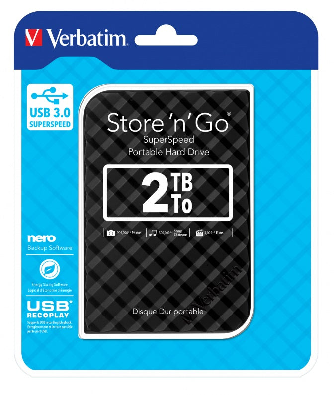 Verbatim 2TB 2.5' USB 3.0 Black Store'n'Go HDD Grid Design, Ultra Portable, High Speed & Capacity. Backup and Store + Nero Backup Software 53195