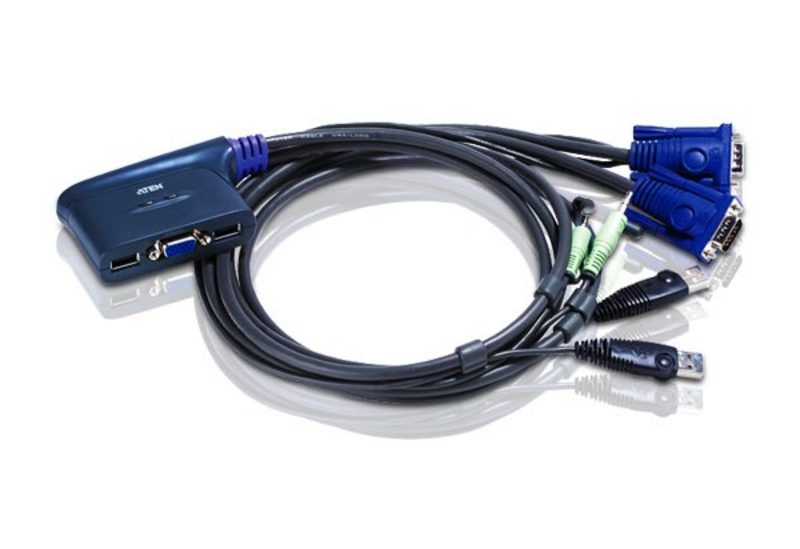 Aten Compact KVM Switch 2 Port Single Display VGA w/ audio, 0.9m Cable, Computer Selection Via Hotkey, CS62US-AT