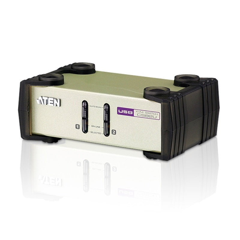 Aten Desktop KVM Switch 2 Port Single Display VGA, Both USB & PS/2 Options, Custom Cables Included, Selection Via Front Panel, CS82U-AT