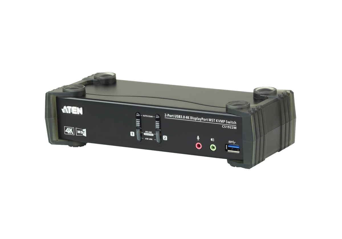 Aten Desktop KVMP Switch 2 Port Single to Dual Display 4k DisplayPort MST w/ audio, Cables Included, 2x USB Port, Selection Via Front Panel CS1922M-AT-U