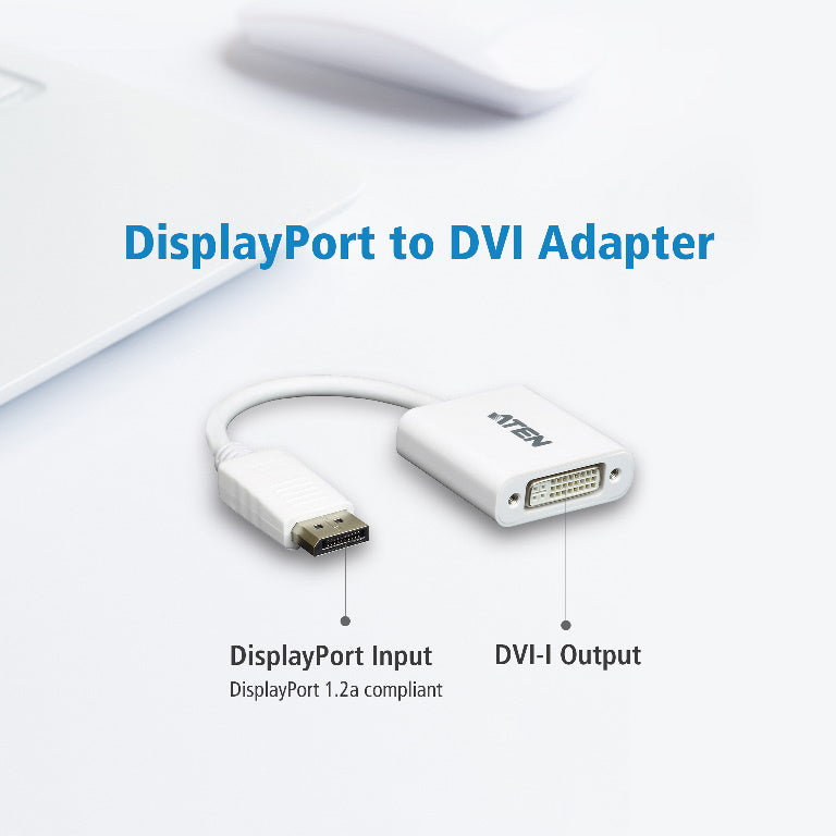 Aten DisplayPort to DVI Adapter, Converts DisplayPort signals to DVI output, DisplayPort 1.2 a compliant, Supports VGA, SVGA, XGA, VC965-AT