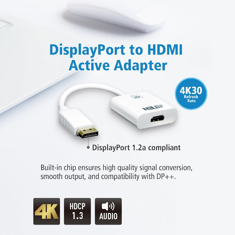 Aten 4K DisplayPort to HDMI Active Adapter, Supports VGA, SVGA, XGA, SXGA, UXGA, 1080p & resolutions up to 4K UHD, Supports AMD Eyefinity, DP to HDMI VC986-AT