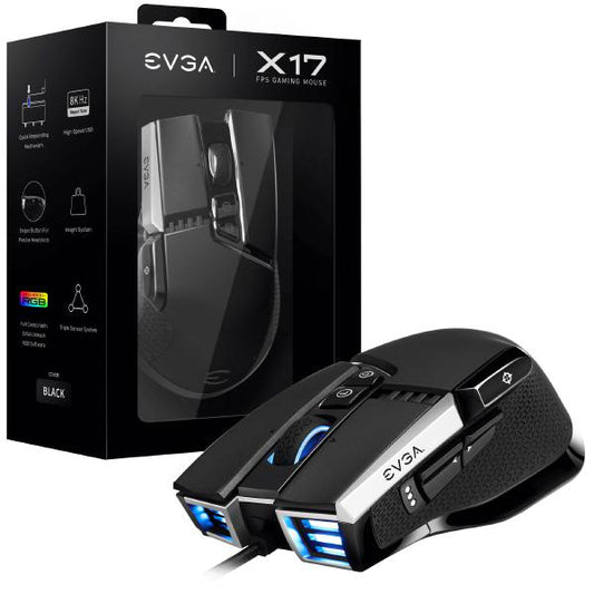 EVGA X17 Gaming Mouse, Wired, Black, Customizable, 16, 000 DPI, 5 Profiles, 10 Buttons, Ergonomic 903-W1-17BK-K3 903-W1-17BK-K3
