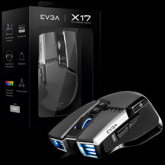 EVGA X17 Gaming Mouse, Wired, Grey, Customizable, 16, 000 DPI, 5 Profiles, 10 Buttons, Ergonomic 903-W1-17GR-K3 903-W1-17GR-K3