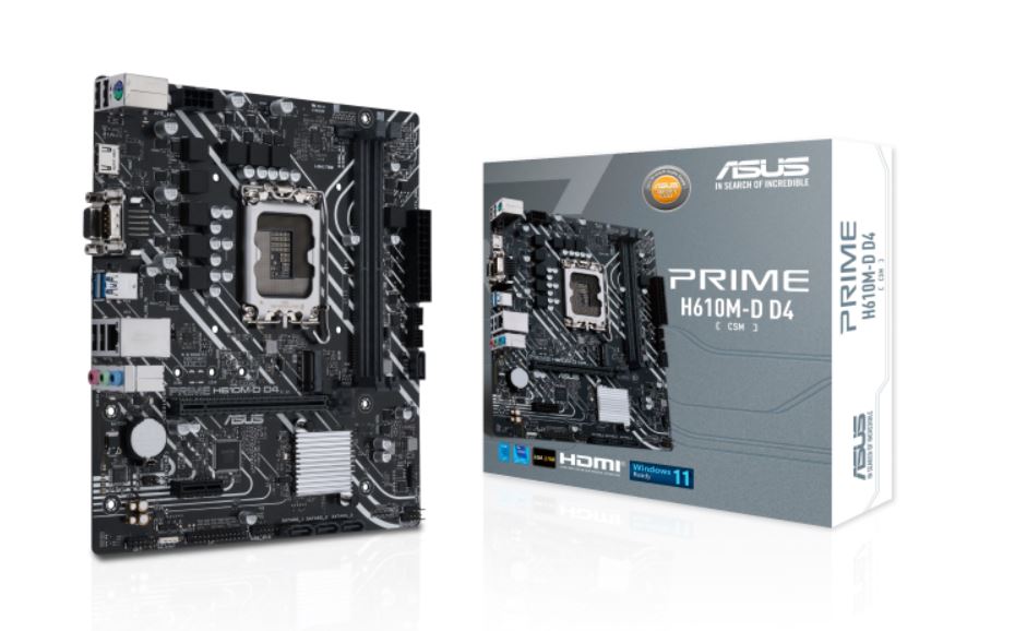 ASUS H610M PRIME H610M-D D4-CSM Intel LGA 1700 mATX Motherboard, DDR4 64GB, PCIe4.0, M.2, 1Gb Ethernet, HDMI, D-SUB, USB3.2 Gen1, SATA 6Gbps, PRIME H610M-D D4-CSM