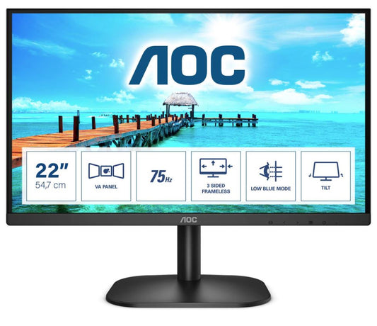 AOC 21.5' 22B2HN 1920x1080, VA, 75Hz, HDMI 1.4, VGA, Tilt, Low Blue, Flicker Free, Ultra Slim, VESA 100mm, Tilt. Home Office Monitor (LS 22B2HN