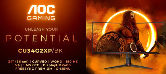 AOC 34' Curved 3440 x 1440 21:9, 1ms, 400cd/m2 HDR, Ultra Fast 180Hz Panel, Adaptive Sync, HDMI: 2.2, DisplayPort: 1.4 Gaming Monitor CU34G2XP